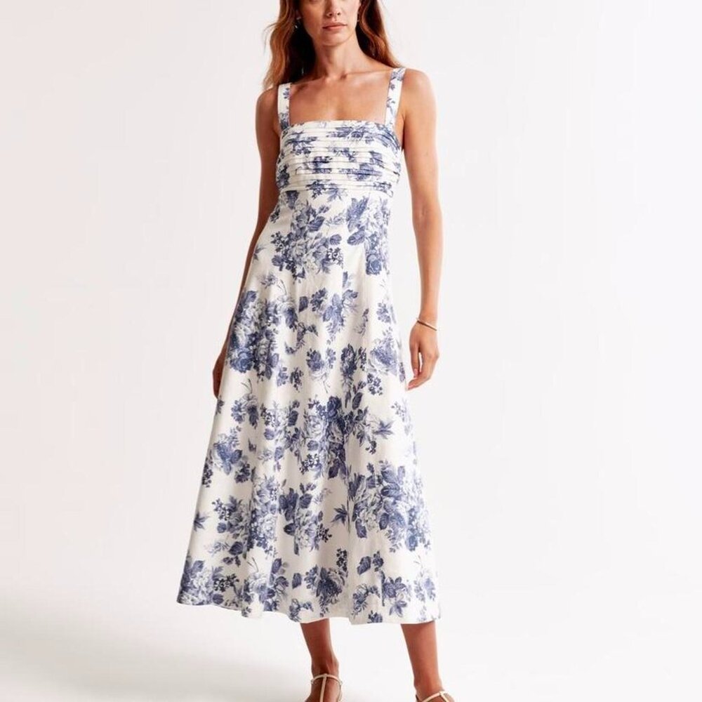 Abercrombie & Fitch Emerson Linen Fit and Flare Floral Blue and White Dress - Picture 6 of 9